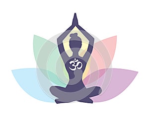 Vector yoga illustration with female silhouette and lotus flower