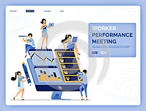 Vector illustration of meeting in analyzing and evaluating employee performance to improve position and career. Design can be used