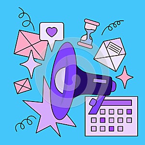 Vector illustration of megaphone and office icons on blue background. Line art design for web, site, advertising, banner