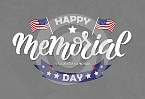 Vector illustration of Memorial Day logotype. Hand drawn lettering, ribbon with stars, USA flags on blue background. Typography