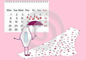 Vector illustration of menstrual pad with umbrella, calendar, pants. First woman menstruation. Menstruation and feminine hygiene p