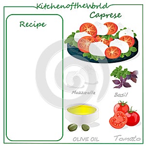 Vector illustration of menu delicious caprese salad with ripe tomatoes and mozzarella cheese with fresh basil leaves. Italian food