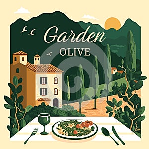 Vector illustration of a menu for a restaurant with a view of the village and the olive grove