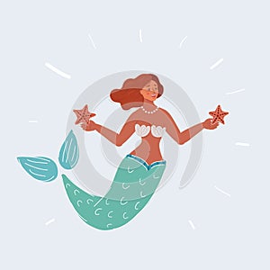 Vector illustration of mermaid woman with starfish in her hands. Human character on white background.