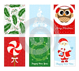 Vector illustration Merry Christmas greeting card set with Christmas tree, santa and owl in flat designs.