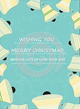 Vector, illustration of Merry Christmas greeting card, designer bell and veins on middle blue green background.
