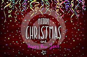 Vector illustration. Merry Christmas and Happy New Year. Handwritten elegant modern brush lettering with hand drawn decoration on