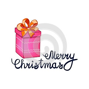 Vector illustration of Merry Christmas Lettering with cartoon drowing pink present. Element for design banners, web and