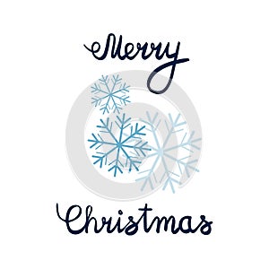Vector illustration of Merry Christmas Lettering with cartoon snowflakes. Element for design banners, web and greetings