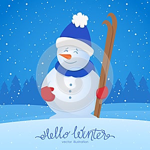 Vector illustration: Merry Christmas. Xmas greeting card with snowman with ski on snowy forest background.
