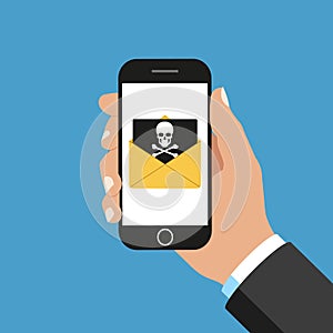 Vector illustration of message in smartphone with skull. Isolated.