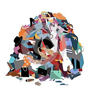 Vector Illustration with a Messy Pile of Dirty Laundry. Big pile of useless clothes. Nothing to wear concept, home stuff and