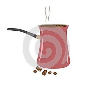 Vector illustration of a metal coffee turk with a plastic handle and coffee beans. Small composition. White isolated