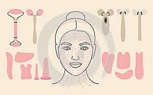 Vector illustration method fo face massage. Female face with arrow lines. Set of various cosmetic beauty devices.