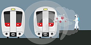 Vector illustration of metro train being disinfected during lock down.