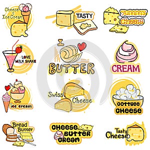 Milk and Diary product like Cheese, Ice cream and Butter label tag sticker for Advertisement photo