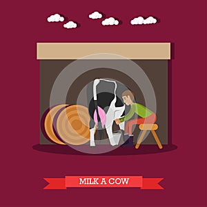 Vector illustration of milker milking cow in flat style
