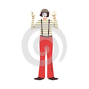 Vector illustration with a mime demonstrating facial expressions and silent humor in a striped suit