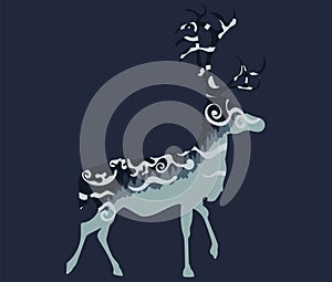 Vector illustration of a minimalistic dark landscape inside the silhouette of a horned deer. Inside there is a spruce