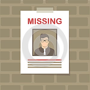 Missing person, graphic wanted poster, lost anonymous photo