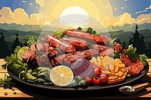 vector illustration of Mixed sausage platter with grilled and raw varieties at a picnic