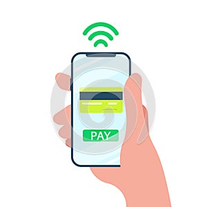 Vector illustration. Mobile payment concept. Hand holding a phone. Smartphone wireless money transfer. Flat design