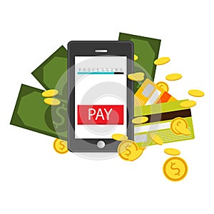 Mobile payment concept. Hand holding a phone. Smartphone wireless money transfer. Flat design. Vector illustration