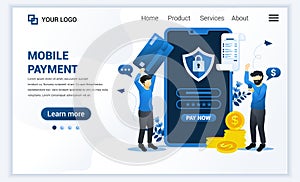 Vector illustration of Mobile payment or money transfer concept with men making payment transaction. Modern flat web landing page