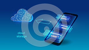 Vector illustration of a mobile phone with an image of a virtual cloud data storage. Science, futuristic, web, network