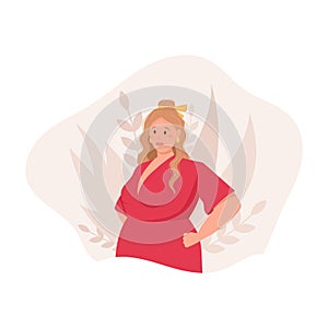 Vector illustration of a modern fashionable plump woman in a dress.