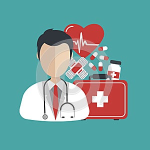 Vector illustration in a modern flat style, health care concept. A doctor in uniform with stethoscope and first aid kid