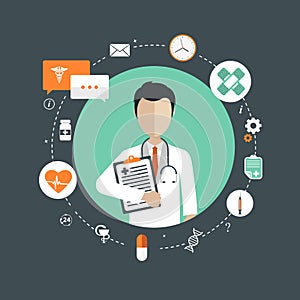 Vector illustration in a modern flat style, health care concept. A doctor in uniform with stethoscope holding medical document
