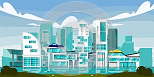 Vector illustration of modern futuristic city. Cartoon urban landscape with future, new buildings, flying cars, on the