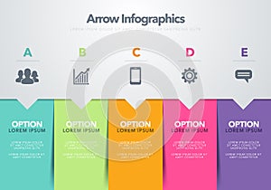 Vector illustration modern infographic design template concept of arrow business model with five successive steps. 5 colorful rect