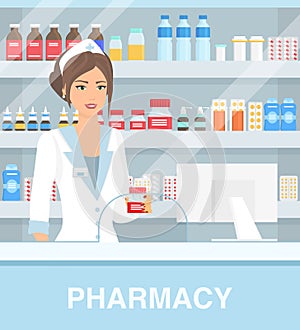 Vector illustration of modern interior drugstore with pretty female pharmacist. Beautiful woman pharmacy, pills capsules