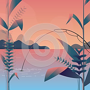 Vector illustration - modern landscape with fishing, light Purple inside and long shadow. Mountain landscape nature. tree. art.