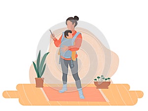 Vector illustration, modern mother with baby in carrier with phone in hand. Modern maternity concept, mom talking on phone, online