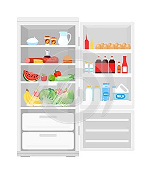 Vector illustration of modern opened refrigerator full of food. Lot of products in the fridge, fruits and vegetables