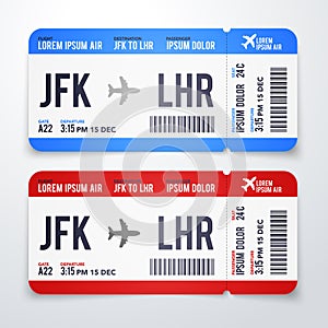 Vector illustration modern, realistic airline ticket design with flight time, destination and passenger name. Airplane tickets. Bo