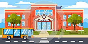 Vector illustration of modern schools. Cartoon urban buildings with parked school bus, benches, flags, trees and city in