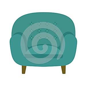 Vector illustration of modern soft upholstered armchair from turquoise velvet fabric with button-tufted backrest padded seat