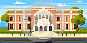 Vector illustration modern university. Cartoon urban buildings with fence, lanterns, trees and city in the background.