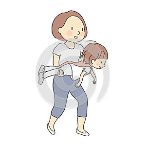Vector illustration of mom holding kid to fly like superman. Family, motherhood, child playing, happy mother`s day