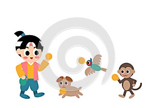 Vector illustration of Momotaro. Well-known folktale in Japan. Momotaro gives millet dumplings to dog, monkey, and pheasant.