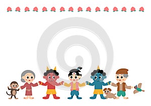 Vector illustration of Momotaro. Well-known folktale in Japan. Momotaro and his friends make peace with the demon.