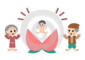 Vector illustration of Momotaro. Well-known folktale in Japan. Momotaro was born from a peach and surprised elderly couple.