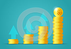 Vector illustration money growth concept. Stacks of flat icon gold coins, income increase, finance statistic report, investment pr