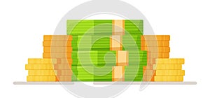 Vector illustration of money stack. Stacked money, green dollar bills and gold coins.