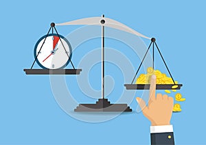 Vector illustration. Money and time balance on the scale.