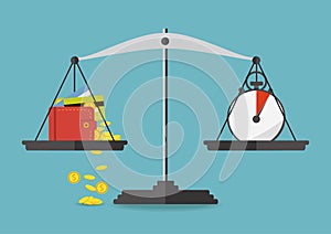 Vector illustration. Money and time balance on the scale.